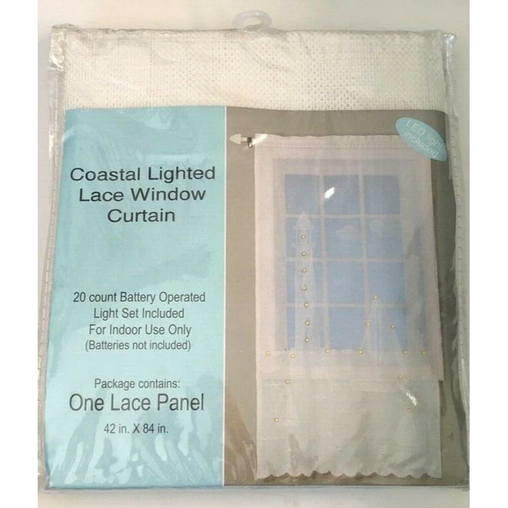 Coastal White Lighted Lace Window Panels Set of 2 Sailboats Lighthouse Nautical